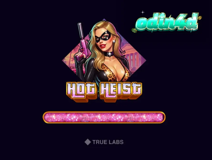 Tampilan layar permainan slot Hot Heist dengan nuansa neon dan simbol kriminal.